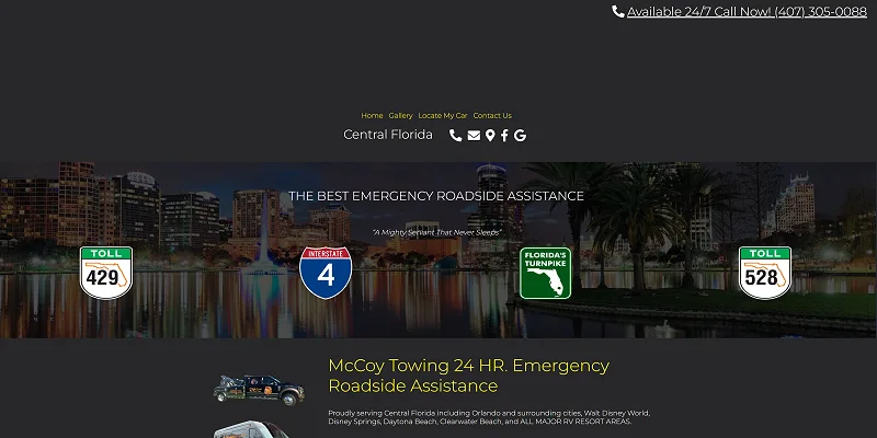 Page d’accueil de McCoy Towing, dépannage automobile 24 h/24 en Floride centrale