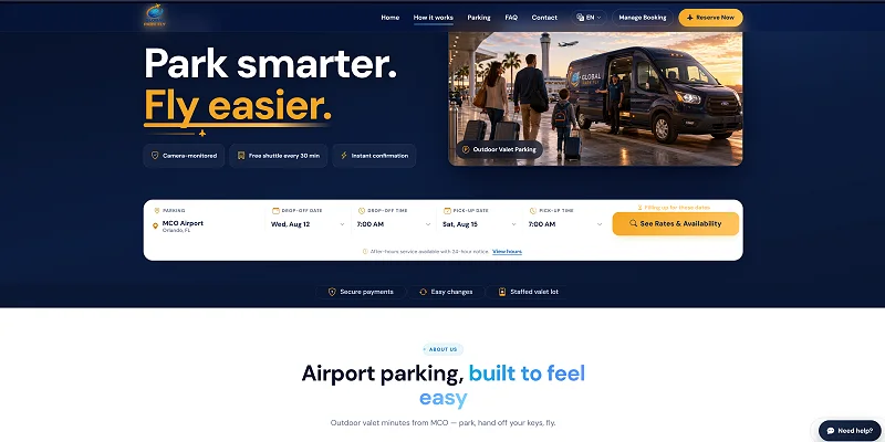Page d’accueil de GlobalParkFly, réservation de parking près de l’aéroport d’Orlando