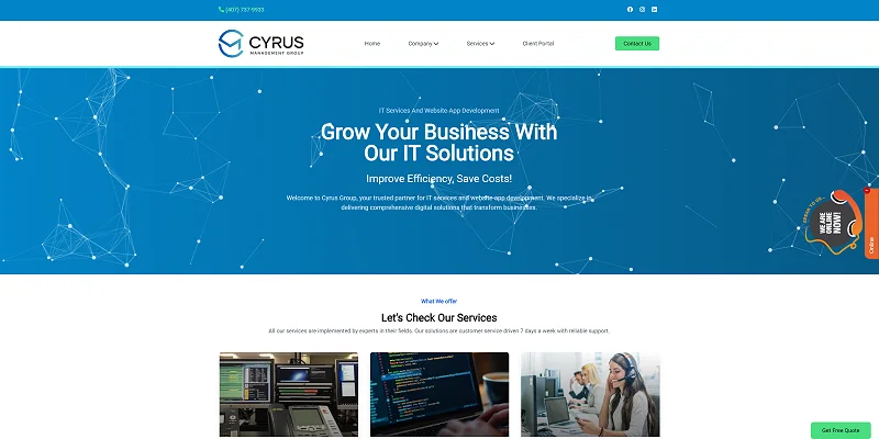 Page d’accueil du site vitrine de Cyrus Management Group, société de services informatiques