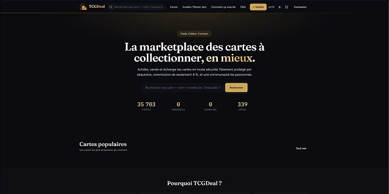 Page d’accueil de TCGDeal, marketplace de cartes à collectionner